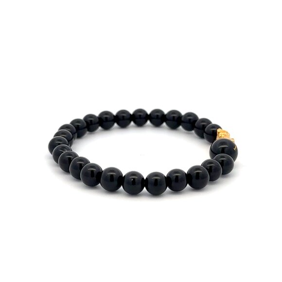 18K Gold Pixiu Piyao Bracelet Gemstones Onyx 6mm Elastic Bracelet Letter Y - Picture 5 of 6